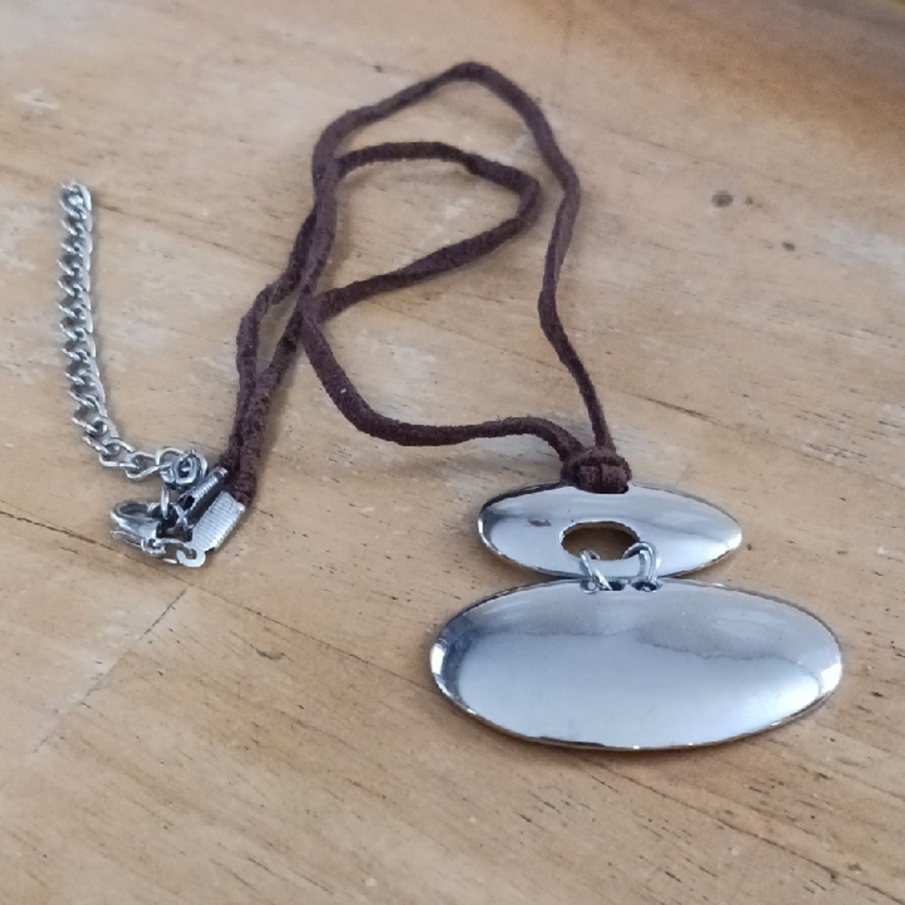 Silver Pendant Necklace with Brown Cord